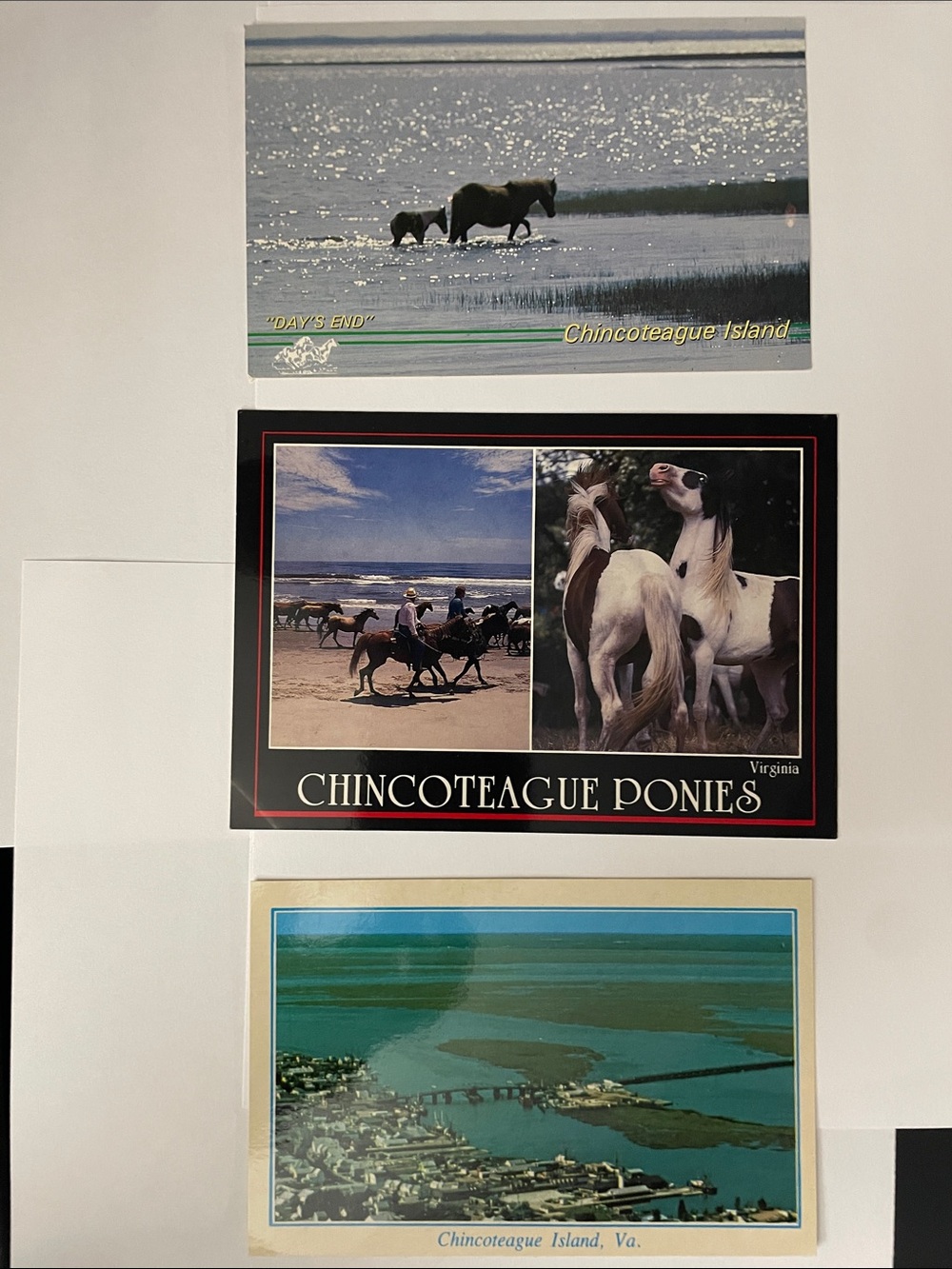 Chincoteague Island VA Postcard Lot of 3 Ponies Beach Aerial View Unused
